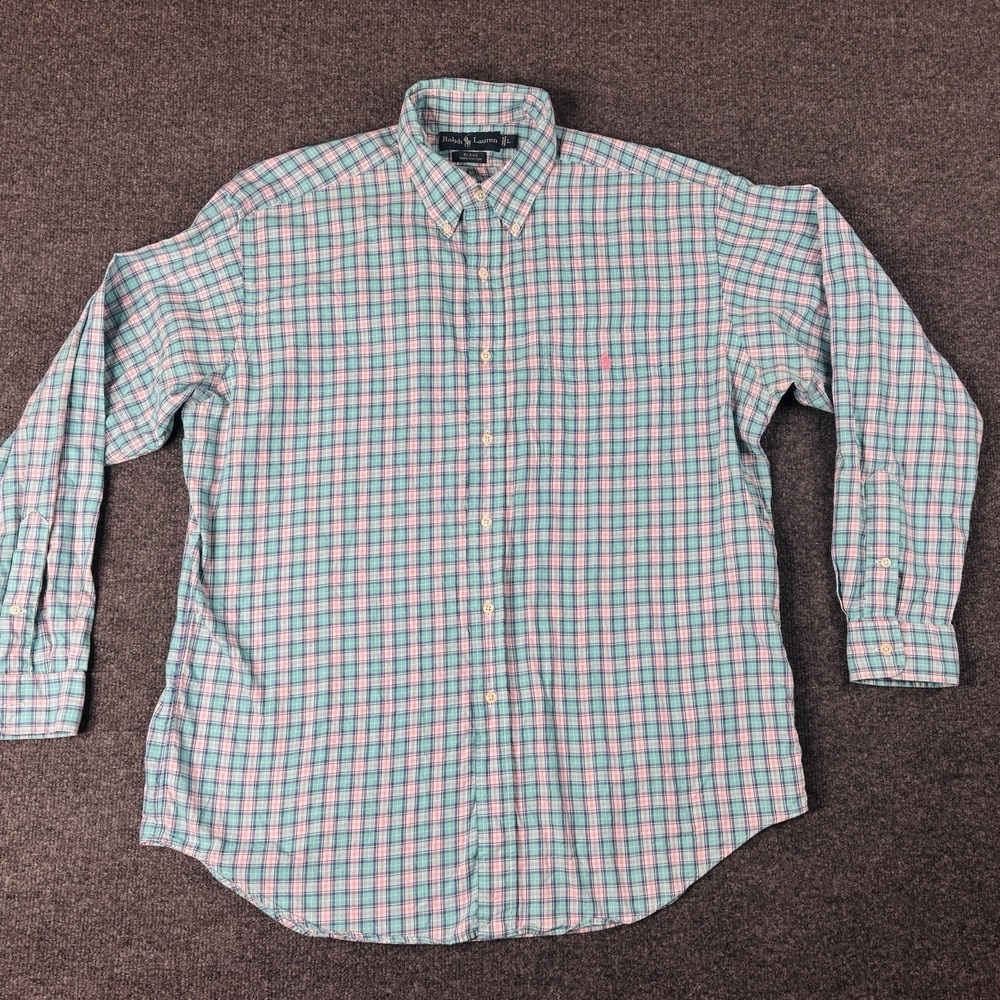 Ralph Lauren Shirt Mens Large Green Plaid Blake Long Sleeve Cotton *